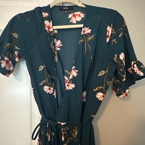 Lulus September Sunsets Dark Teal Floral Wrap Maxi Dress PM
